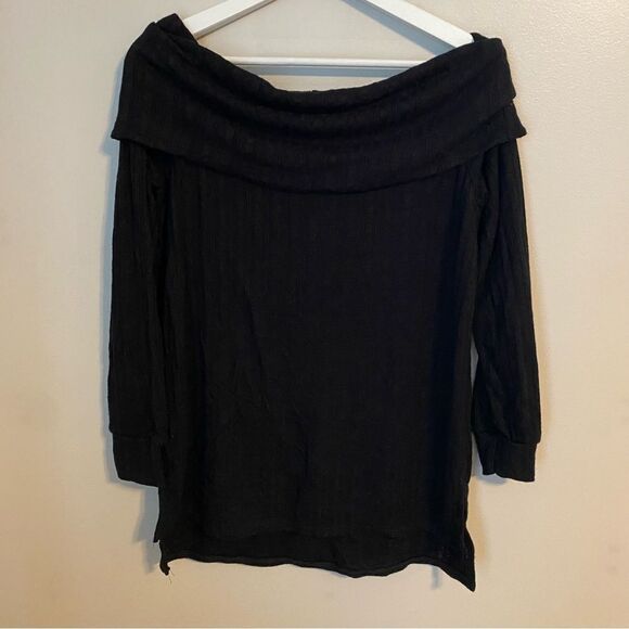 Loveappella Tunic Top Ribbed Pointelle Off the Shoulder Black Casual Fold Over - Picture 2 of 11